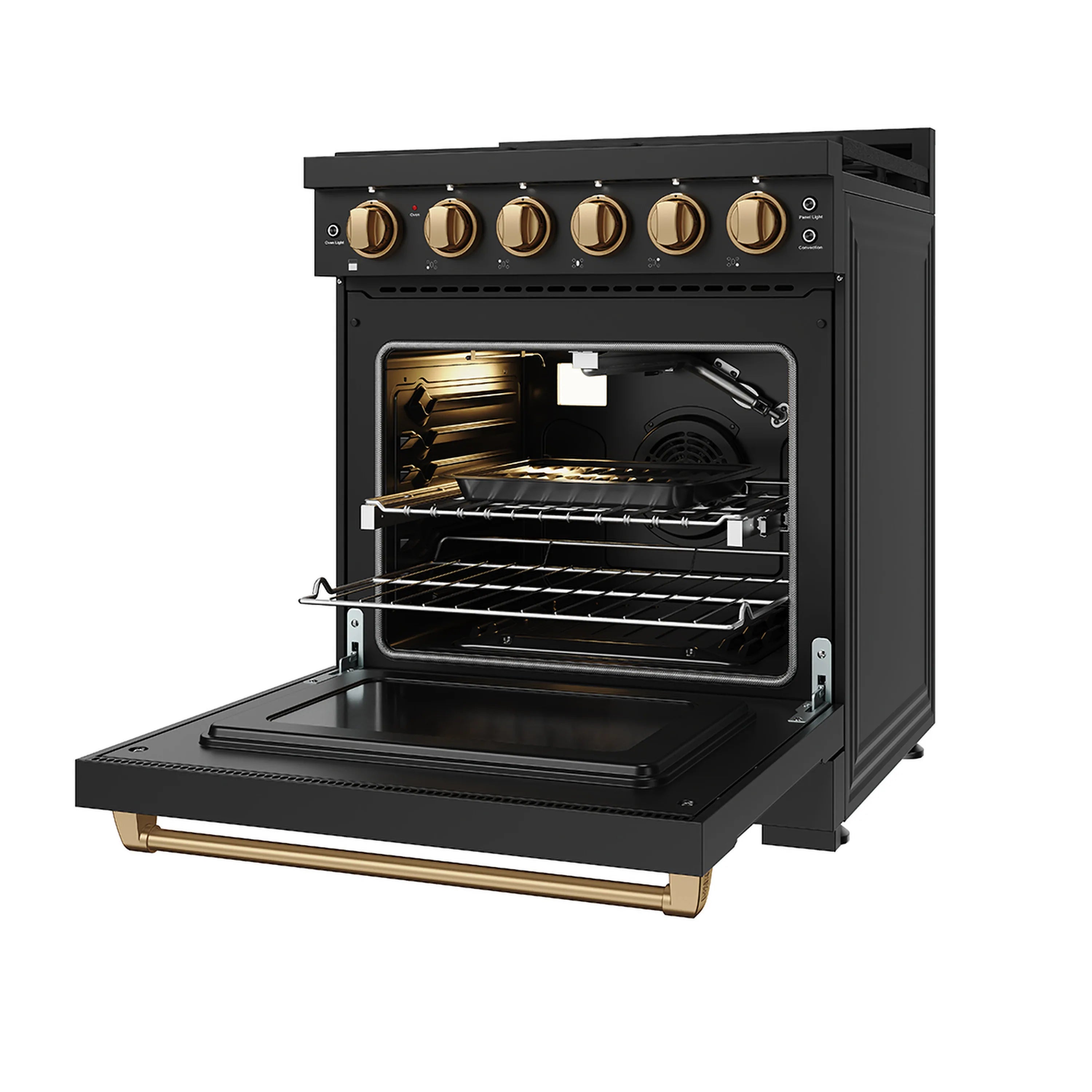 Black gas range with oven door open, showing racks and fan behind
