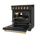 Black gas range with oven door open, cooking racks, and bronze-trim handle