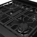 Close-up of black gas cooktop grates with burner caps and control knobs