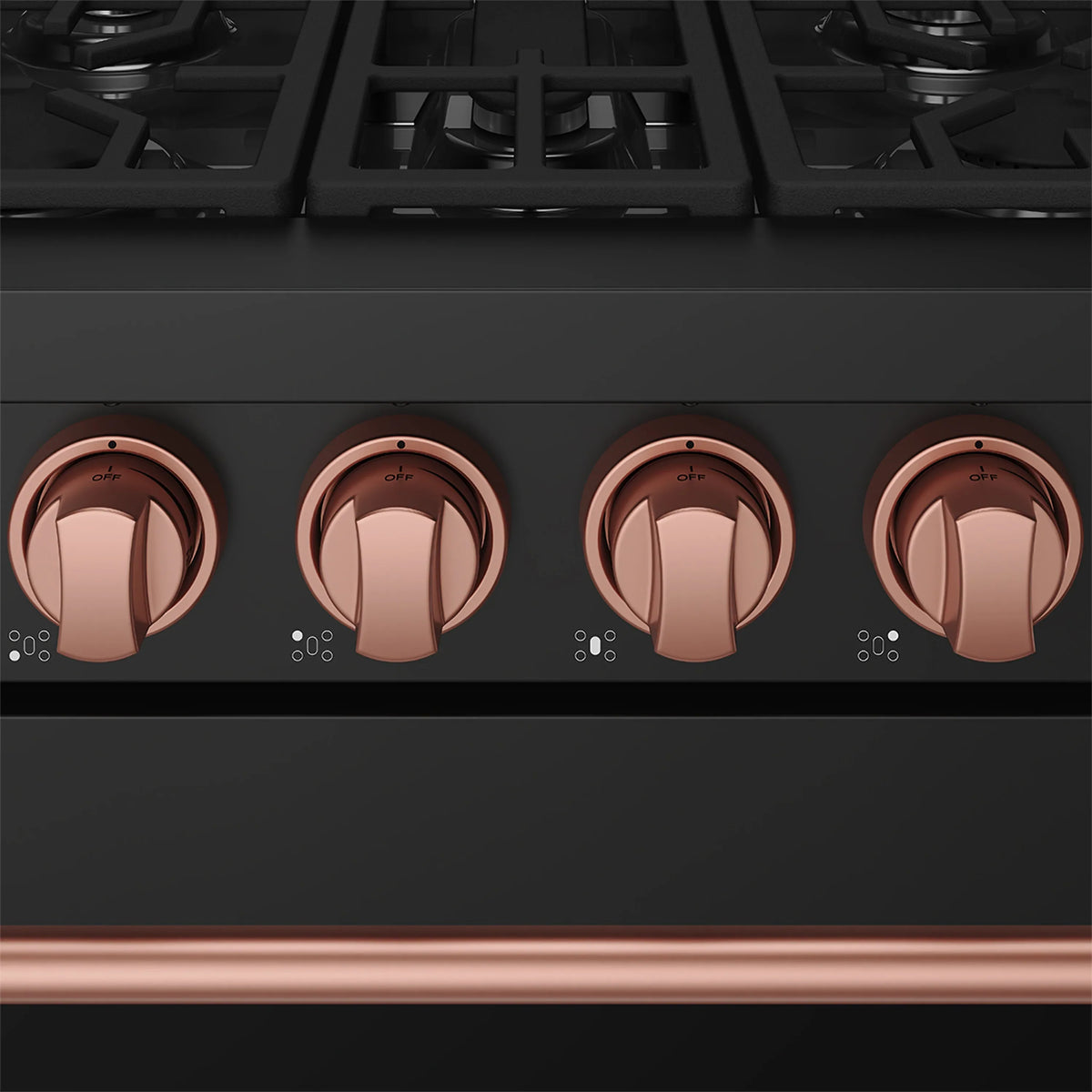 Black gas range control panel with copper burner knobs and dial labels