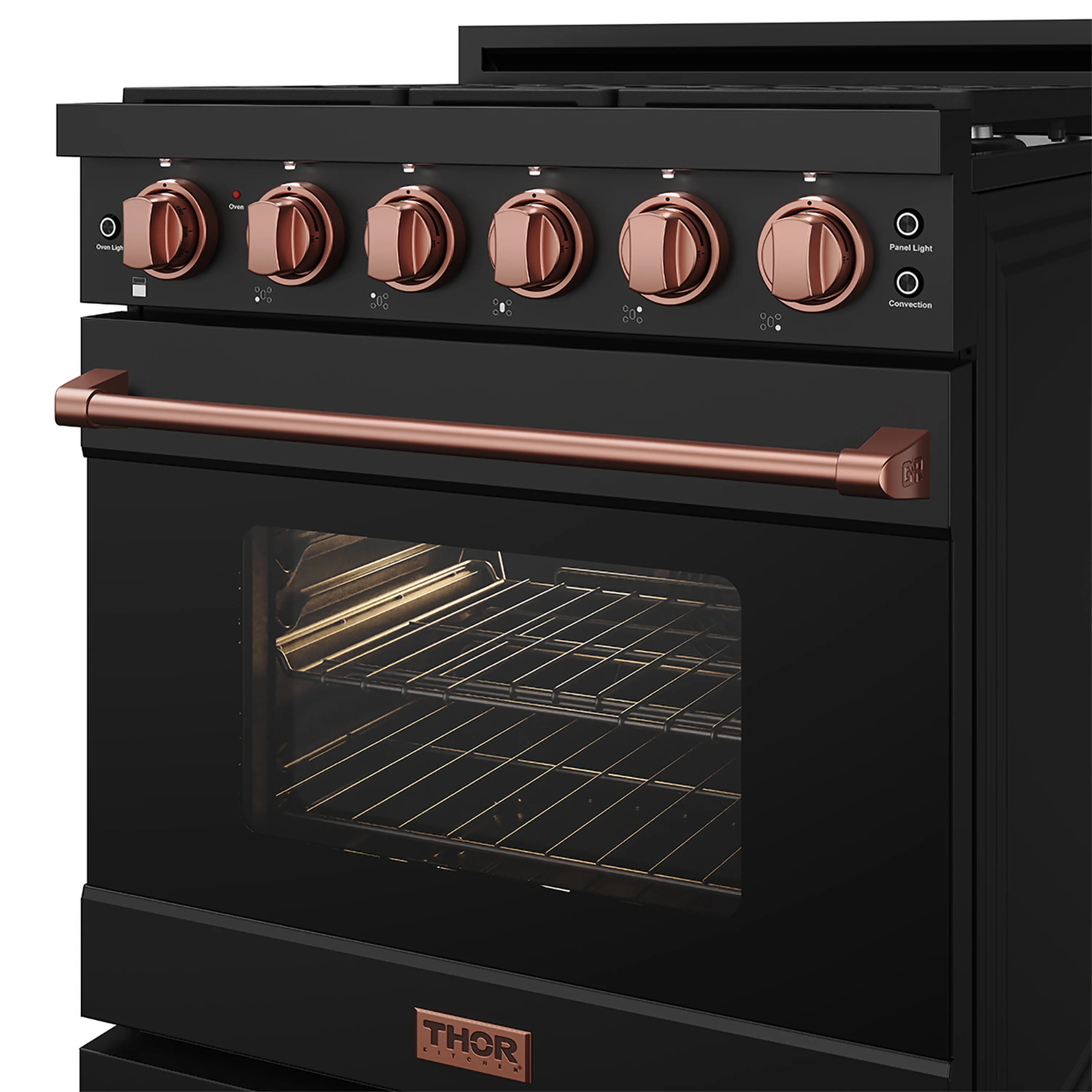 Black 30-inch gas range with rose-gold knobs, copper oven handle, open oven door