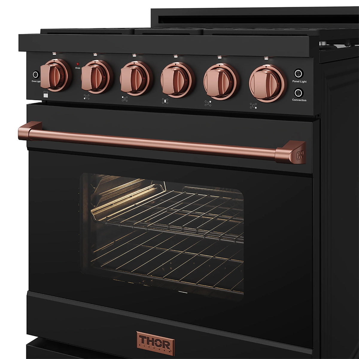 Black gas range oven with door open, interior racks visible, rose-gold handle