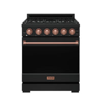 Black 30-inch gas range with rose-gold control knobs and copper oven handle