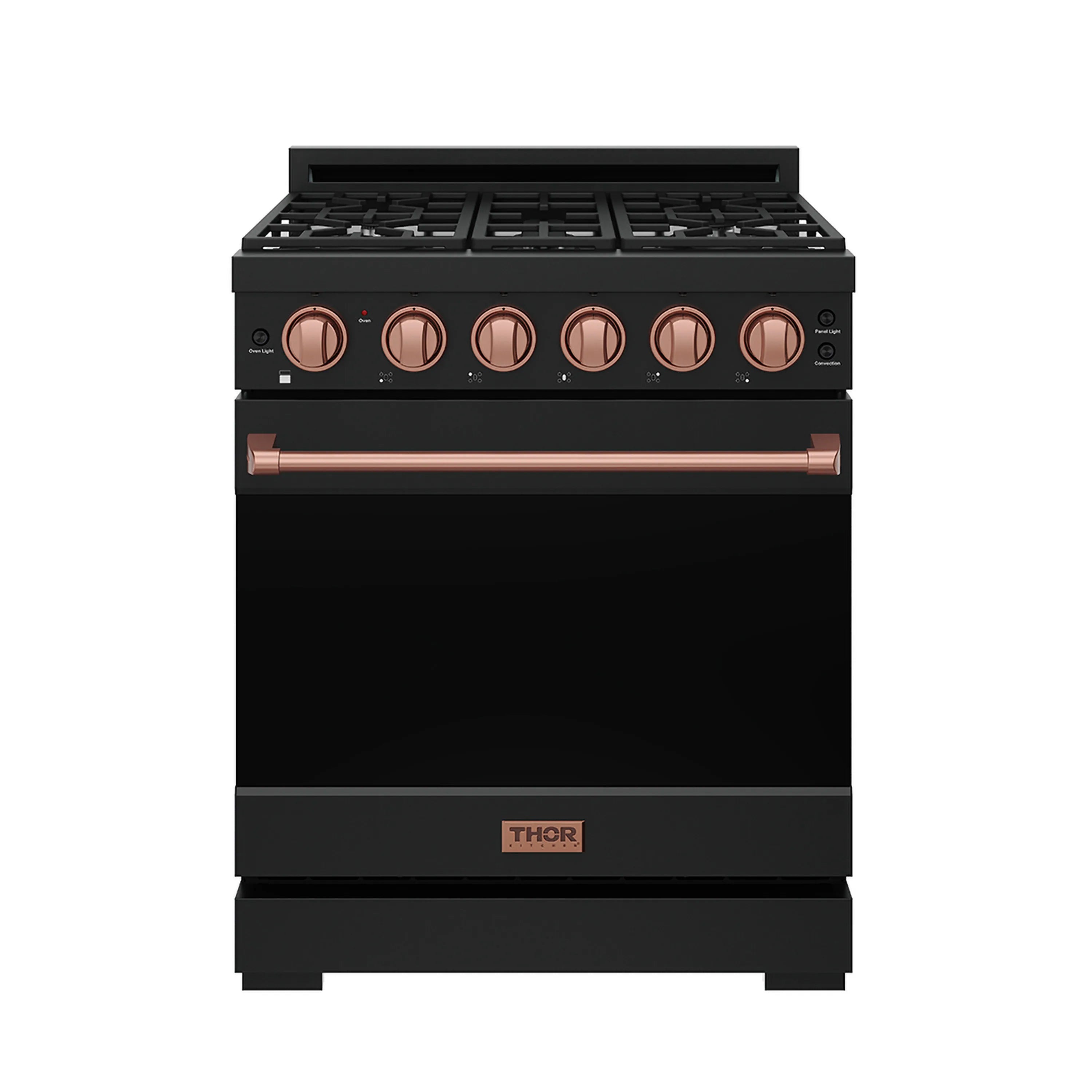 Black 30-inch gas range with rose-gold control knobs and copper oven handle