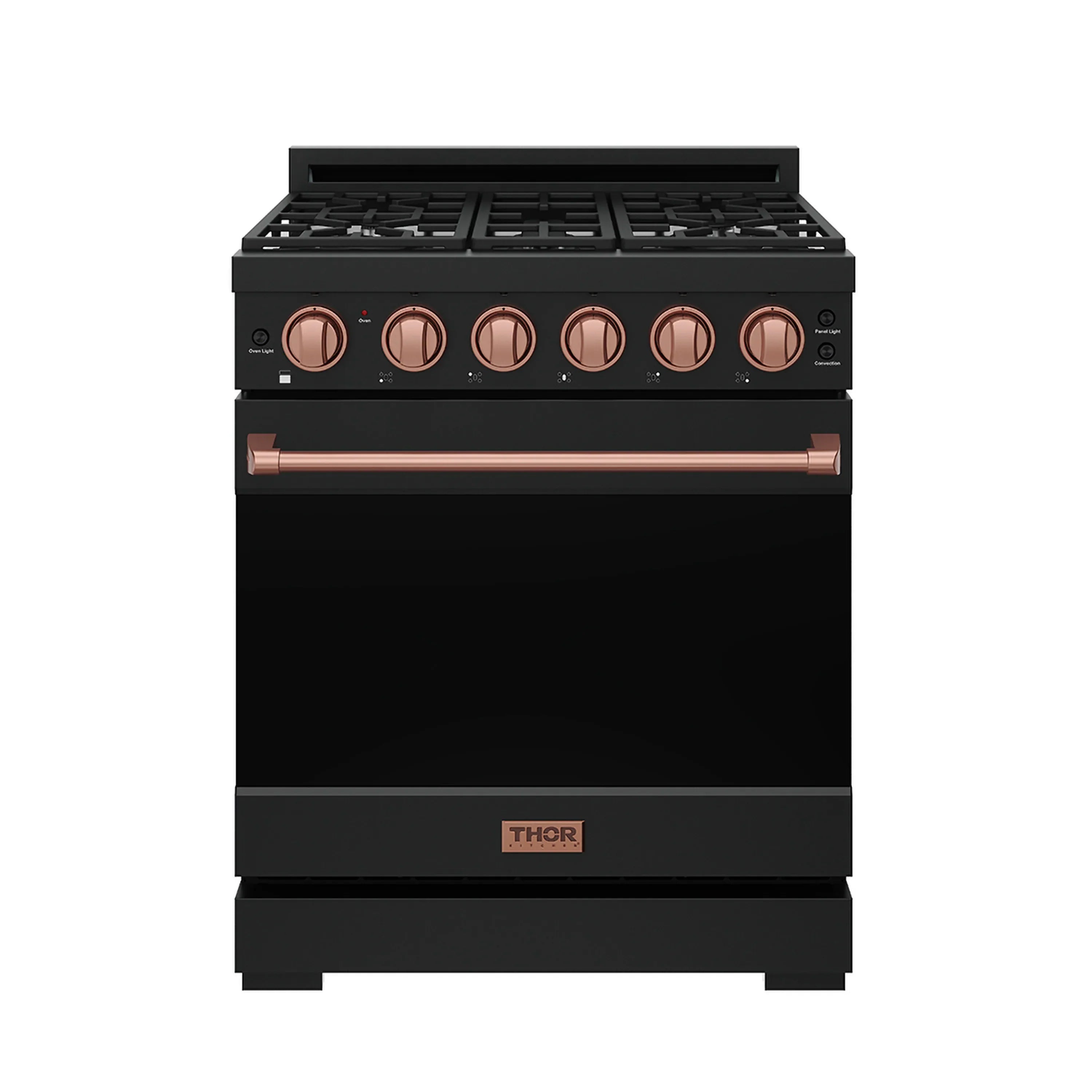 Black propane gas range with copper knobs and rose-gold horizontal handle