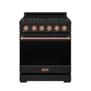 Black 30-inch gas range with rose-gold control knobs and copper oven handle