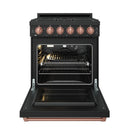Black gas oven with rose-gold knobs, open door, oven racks and burner shelf