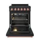 Black gas range with open oven door, oven racks, and rose-gold trim control knobs