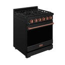 Black gas range with rose-gold oven handle, control knobs, and cast-iron burner grates
