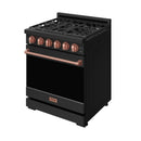 Black gas range from side angle with rose-gold oven handle and burner control knobs