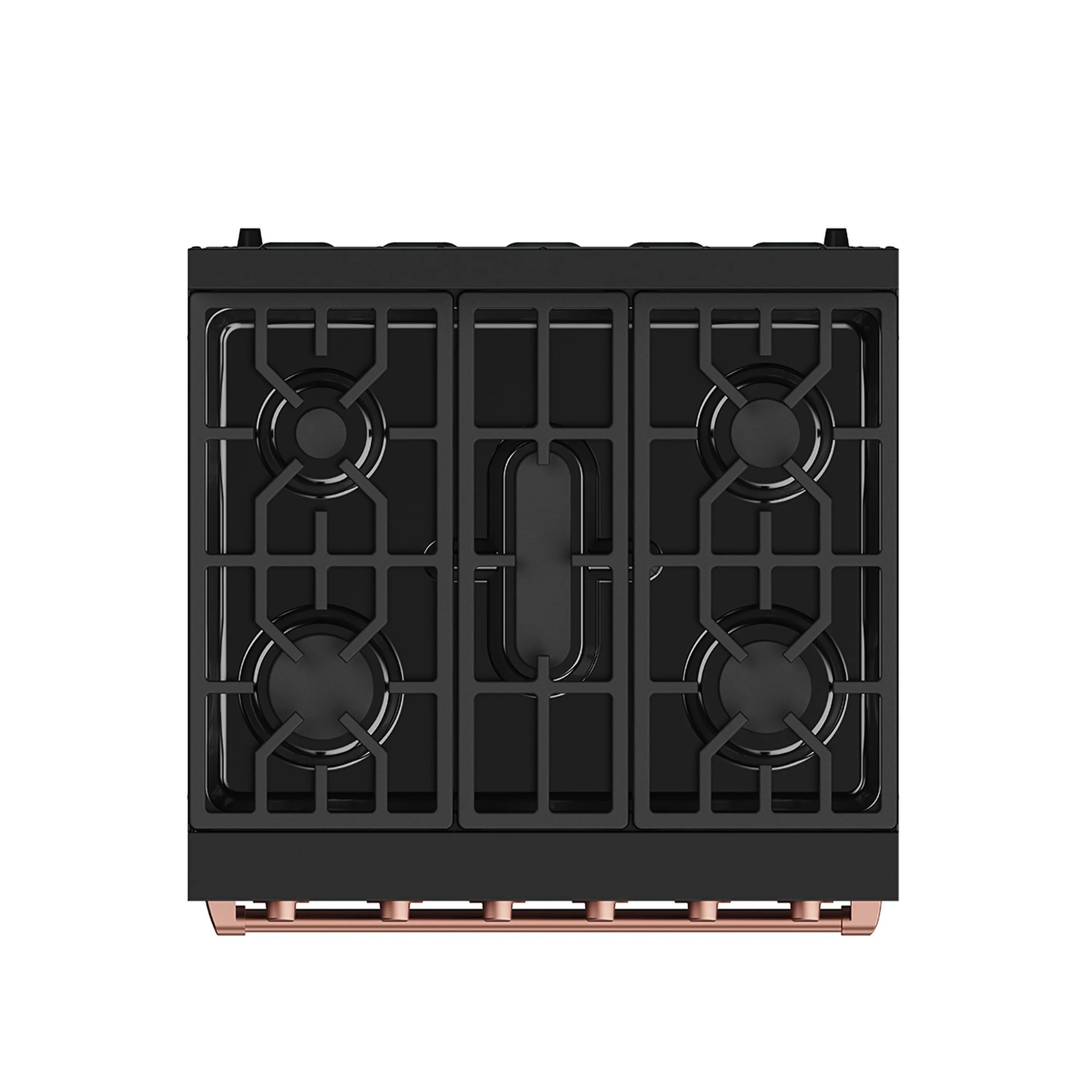 Black cooktop with four burners and grates, copper trim along the front