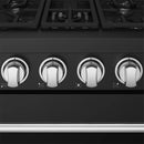 Black gas range front with four precision control knobs and burner indicators