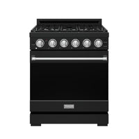 Black 30-inch gas range front with control knobs, burner grates, and stainless handle.