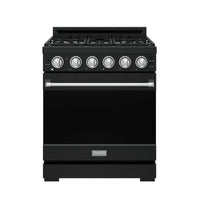 Black gas range with precision control knobs and stainless front handle