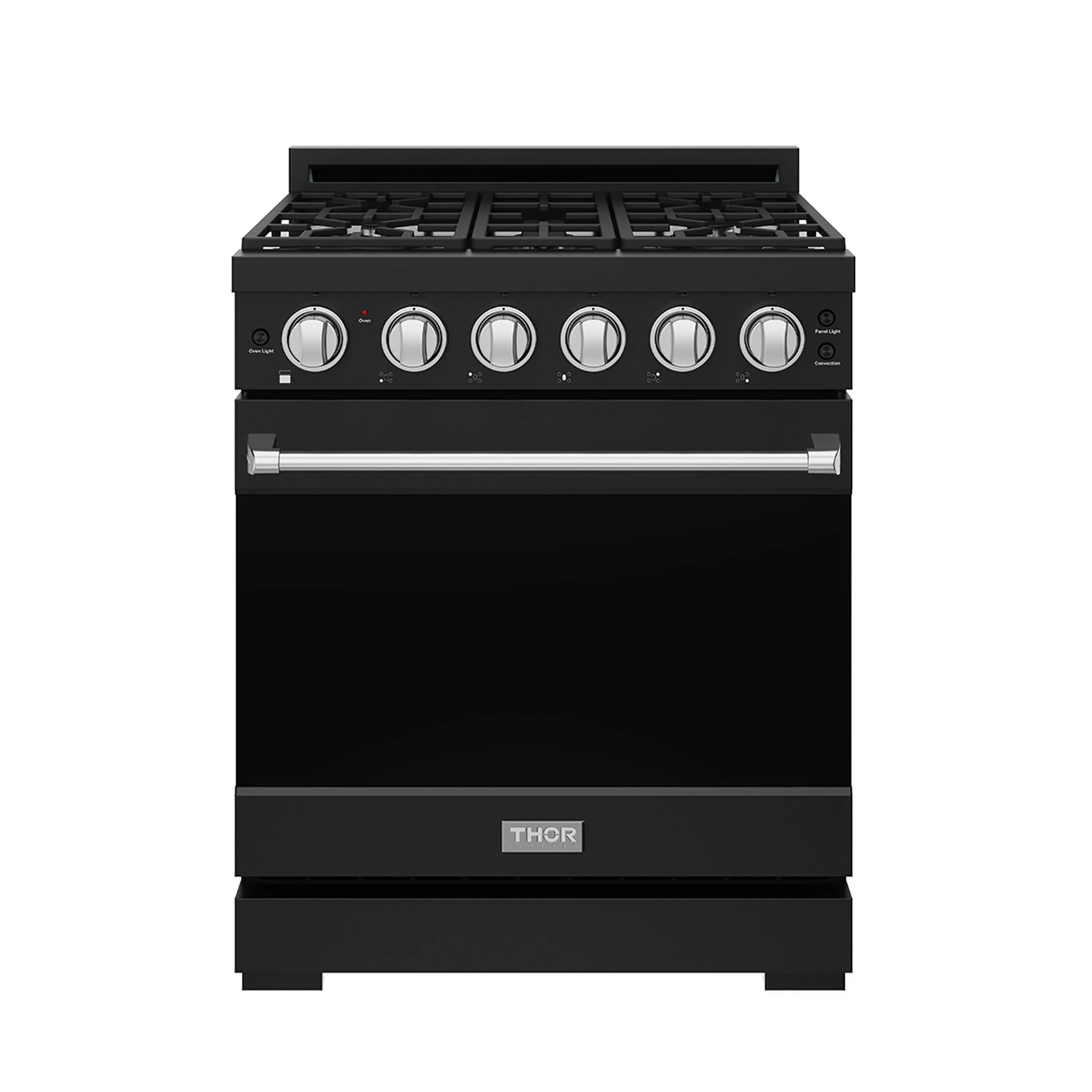 Black propane gas range with stainless handle and row of control knobs