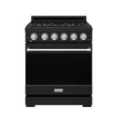 Black gas range with precision control knobs and stainless front handle