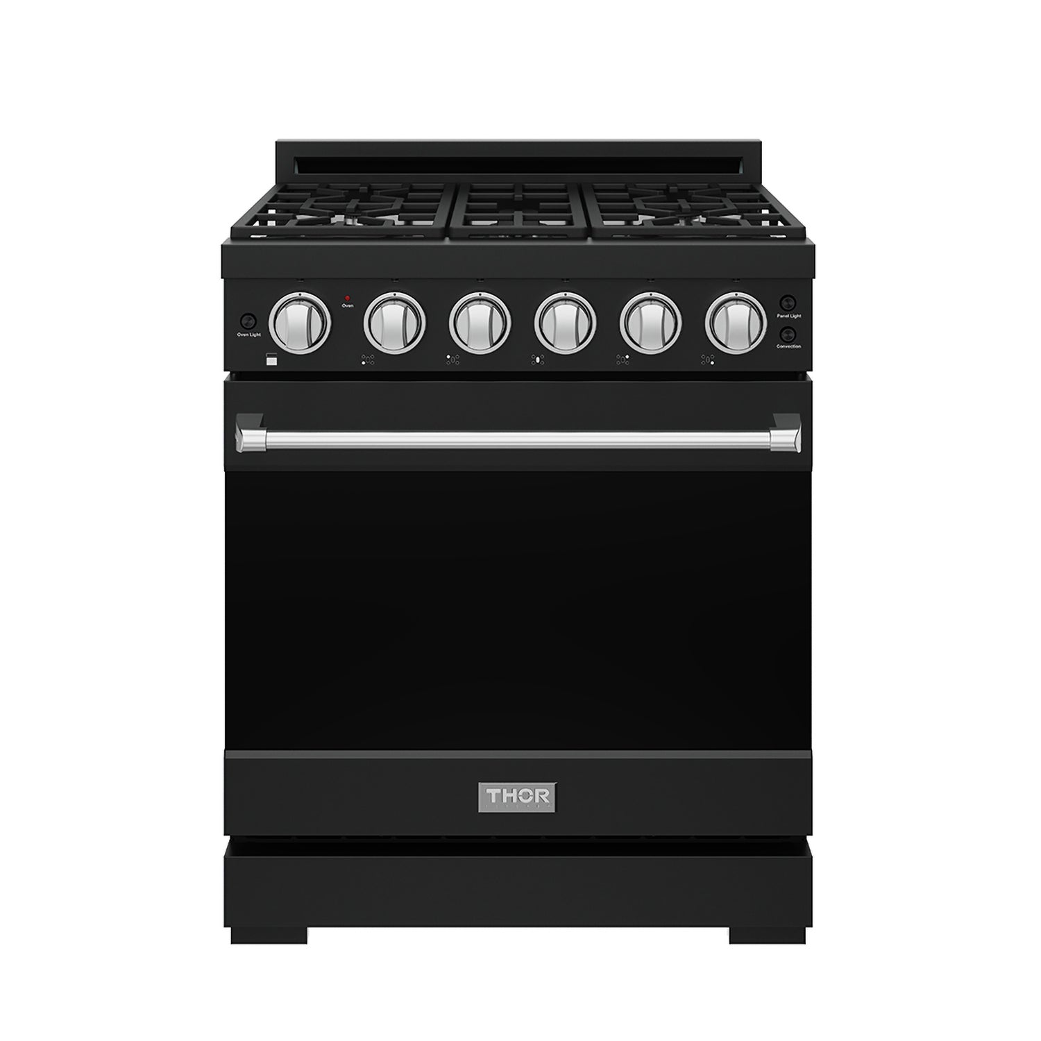 Black gas range front with five burner knobs and stainless handle trim