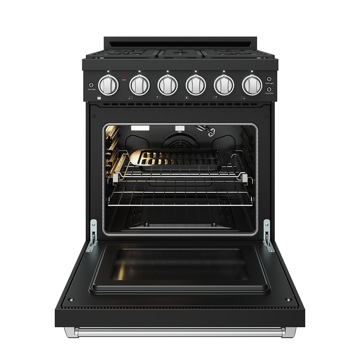 Black gas range oven door open, showing heating element, fan, and oven racks.