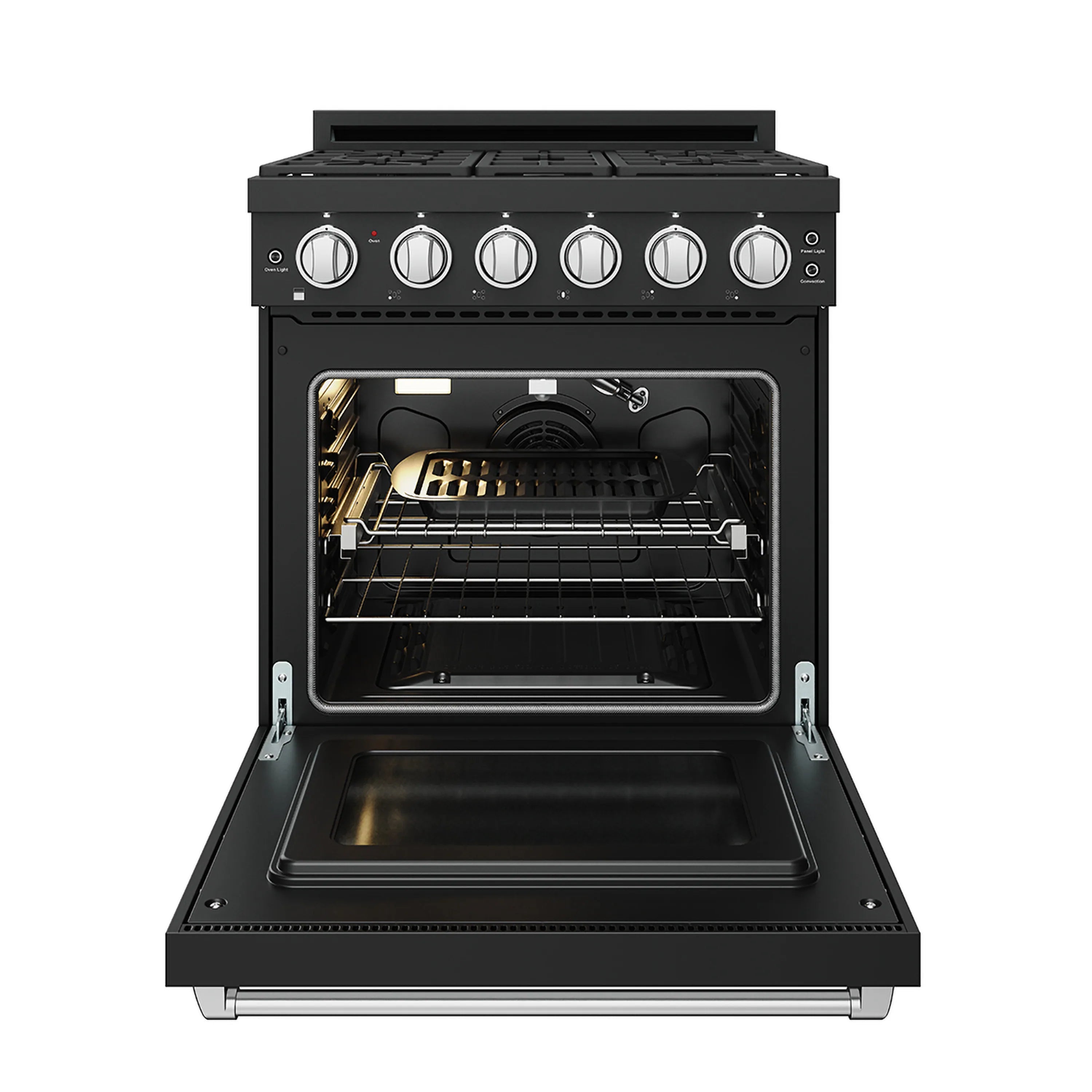 Black gas range oven interior with wire racks and rear burner area
