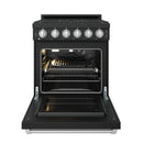 Black gas range oven interior with wire racks and rear burner area