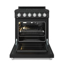 Black gas range oven door open, showing heating element, fan, and oven racks.
