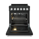 Black gas range with open oven door and wire racks inside, control panel above