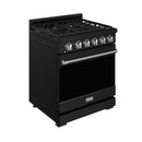 Black gas range with top burner grates, control knobs, and stainless oven door handle.