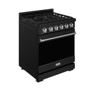 Black gas range side view with burner grates, front knobs, and stainless handle
