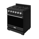 Black gas range side view with control knobs and stainless door handle.