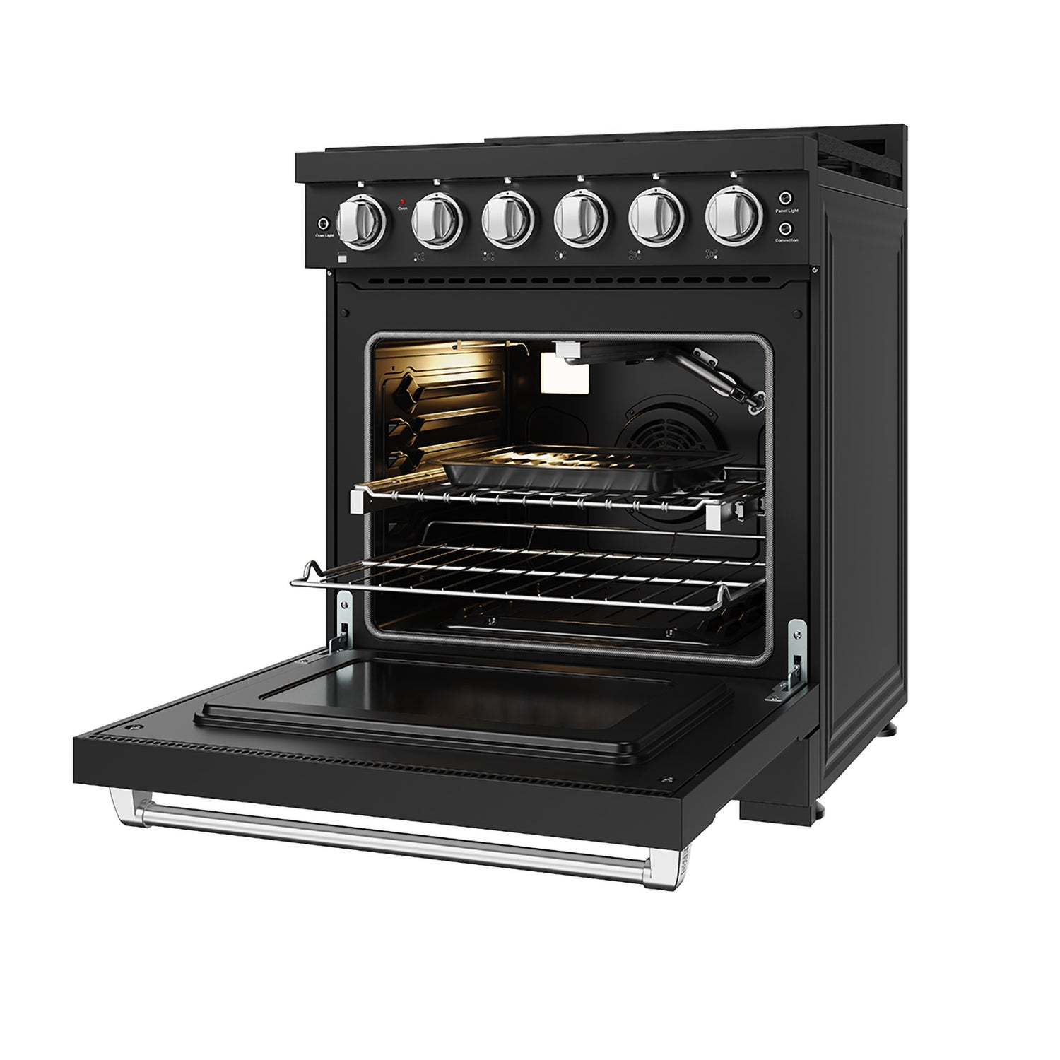Black gas range with oven door open, oven rack, and exposed burner controls.