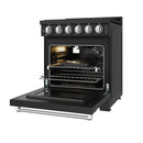 Black gas range with open oven door showing interior fan and wire rack