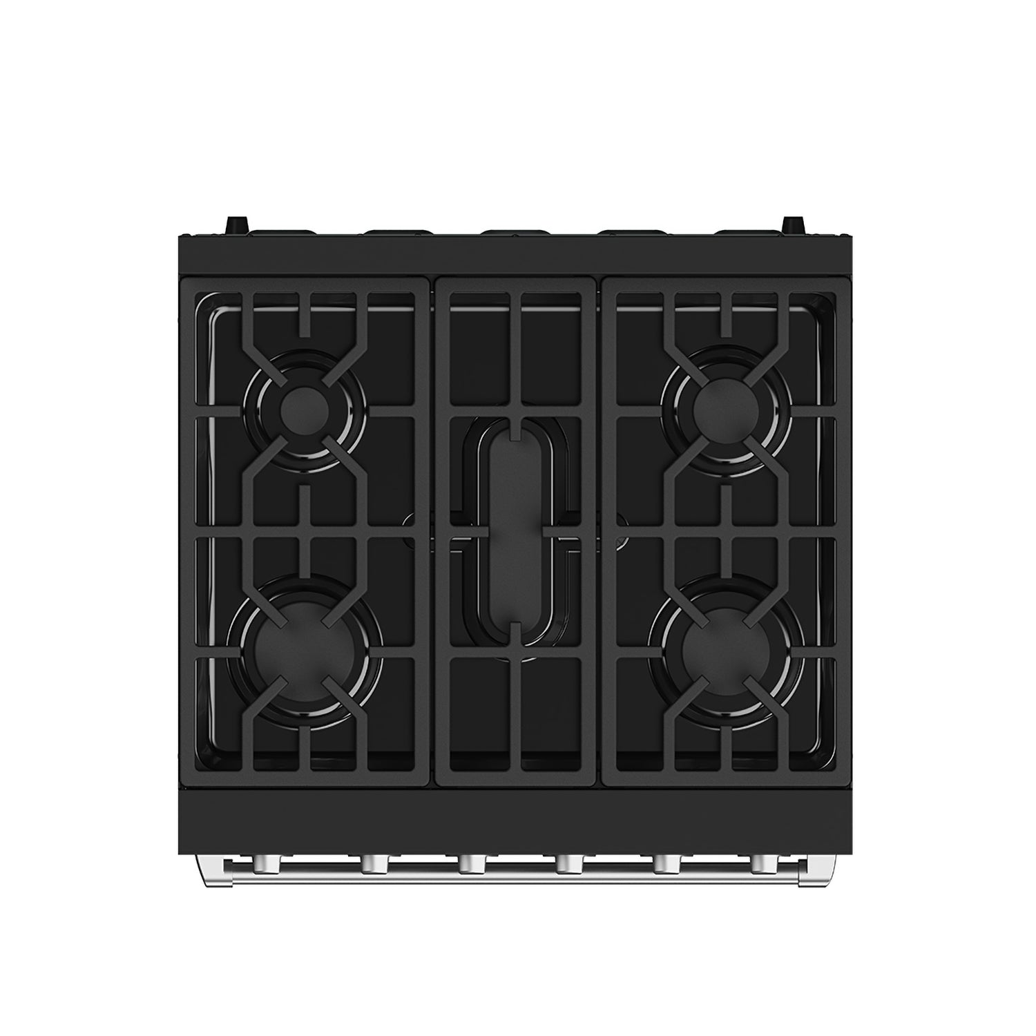 Black cooktop with four gas burners and cast grates on a recessed center panel.