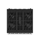 Black cooktop with four gas burners and cast grates on a recessed center panel.