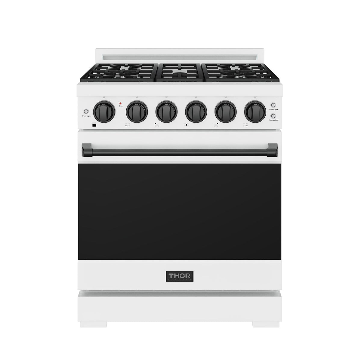 White 30-inch professional propane range with black hardware, front view, door closed