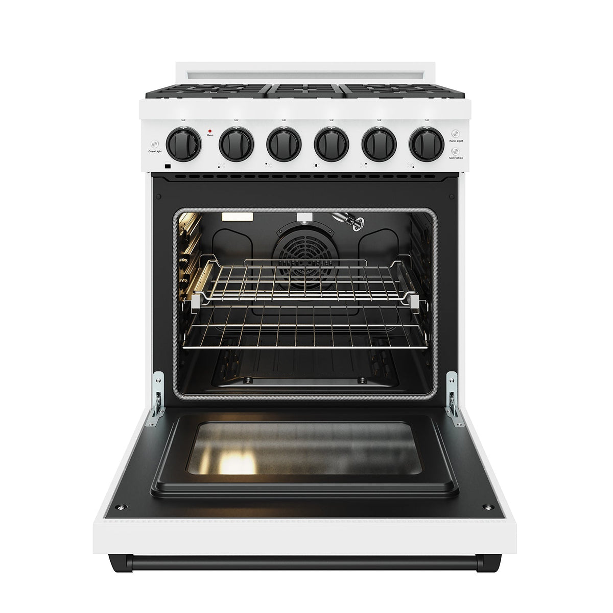 White 30-inch professional propane range with black hardware, oven door open