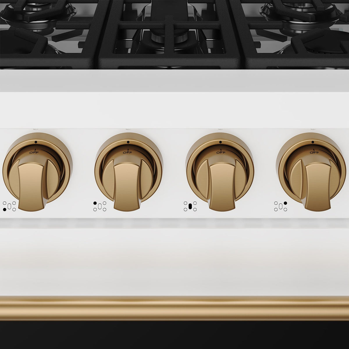 White 30-inch professional propane range with bronze hardware, close-up of bronze knobs and handle