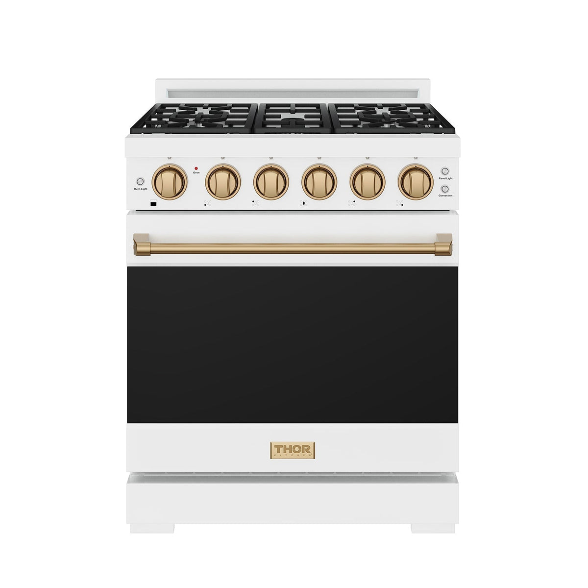White 30-inch professional propane range with bronze hardware, front view, door closed