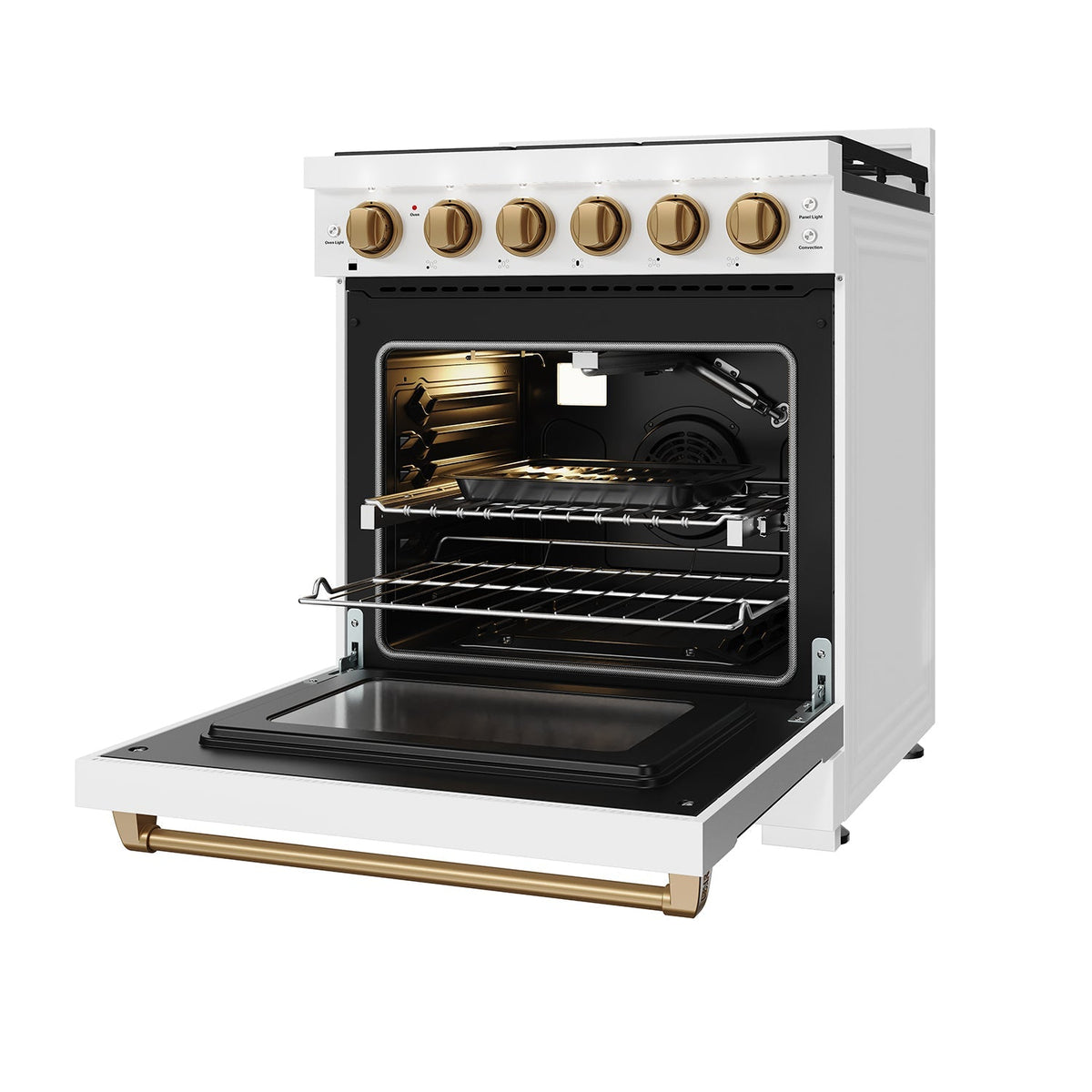 White 30-inch professional gas range with bronze hardware, front-right view, door open