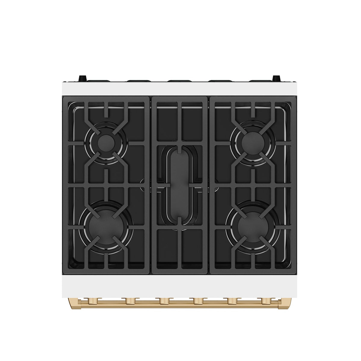 White 30-inch professional gas range with bronze hardware, top view of the cooktop