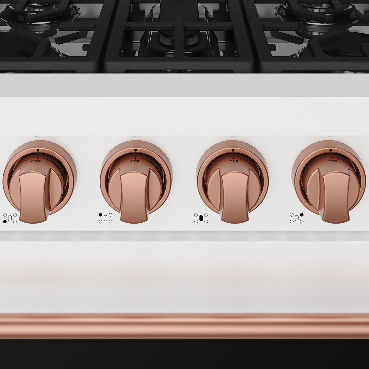 White 30-inch professional gas range with rose gold hardware, rsg30pw.rose gold.close-up of color hardware