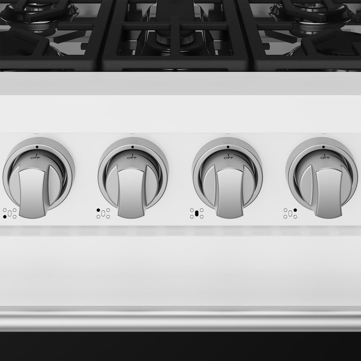 White 30-inch professional propane range with stainless steel hardware, close-up of stainless steel knobs and handle