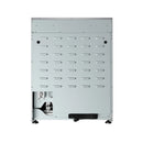 Stainless steel propane control panel with black trim, vent slots, and side components
