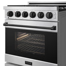 Stainless steel gas range with six black control knobs and open oven door