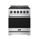 Stainless steel gas range with six black control knobs and stovetop burner grates