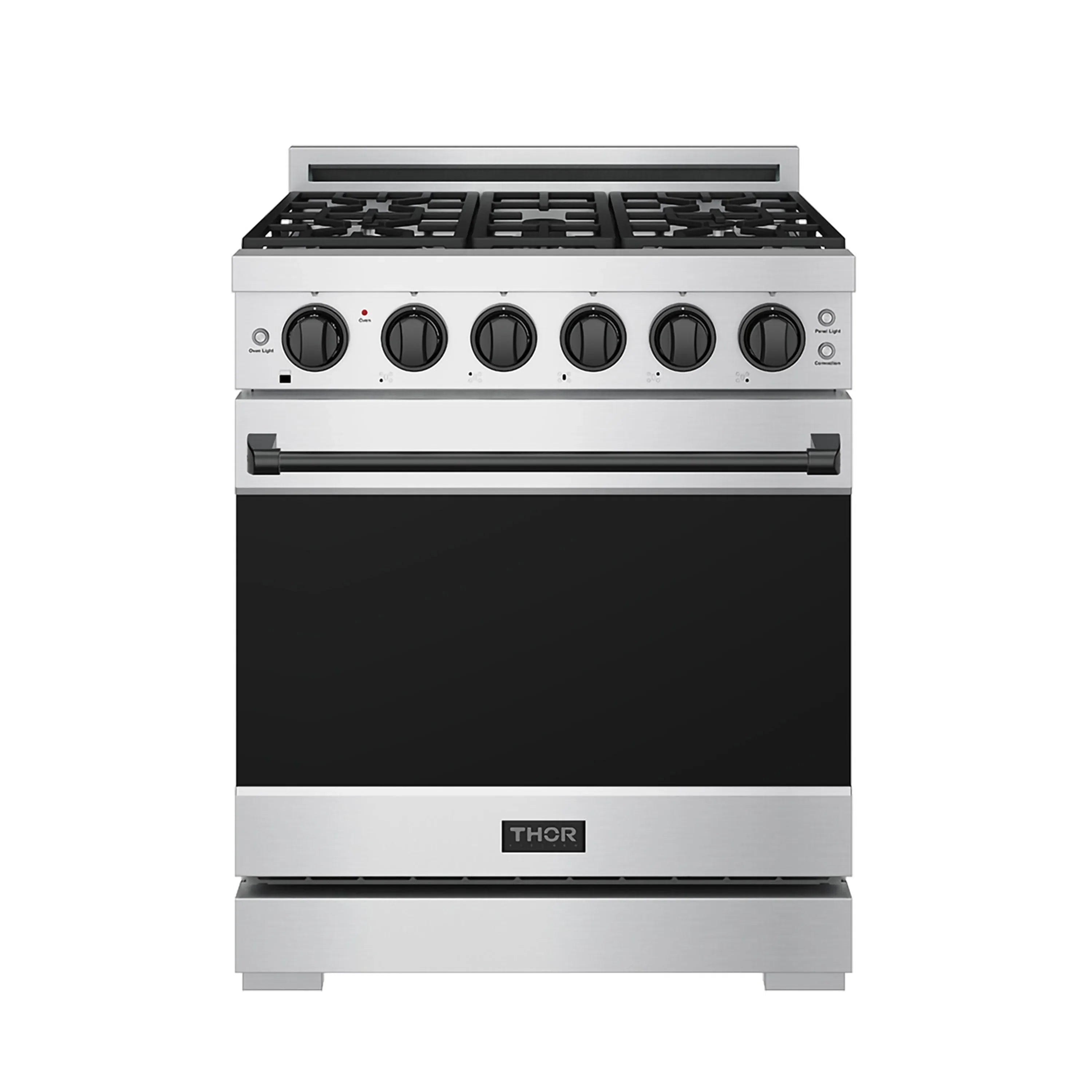 Stainless steel propane gas range with black oven door and control knobs
