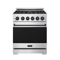 Stainless steel gas range with six black control knobs and stovetop burner grates