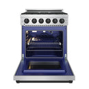 Stainless steel gas range oven open with racks and circular fan grille