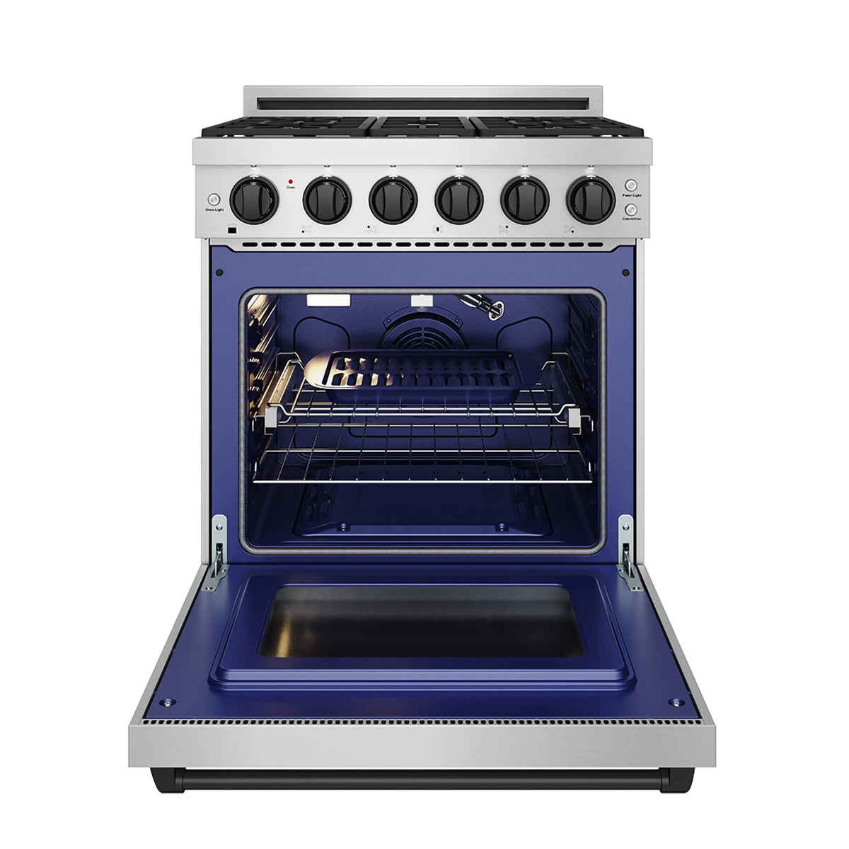 Propane gas range with oven door open and interior racks with blue lighting