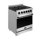 Stainless steel gas range with burner grates, black control knobs, and oven door