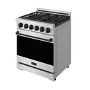 Stainless steel gas range with open cooktop grates, black burner knobs, and black door